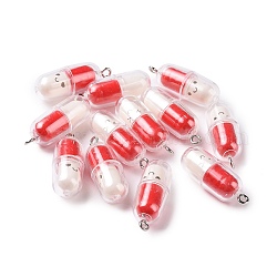 Подвески из полупрозрачного пластика, очарование капсулы таблетки, с платиновыми тоновыми железными петлями, красные, 29x10.5 мм, отверстие : 2 мм