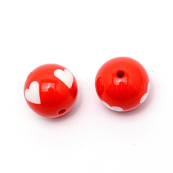 Perline acrilico opaco, Two Tone, rotondo con disegno cuore, rosso, 19x18.5mm, Foro: 2.5~3 mm, 100 pc / sacchetto.