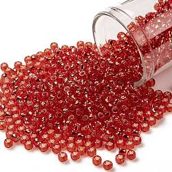 Toho perles de rocaille rondes, Perles de rocaille japonais, (25) rubis siam clair doublé d'argent, 8/0, 3mm, Trou: 1mm, à propos 222pcs / bouteille, 10 g / bouteille