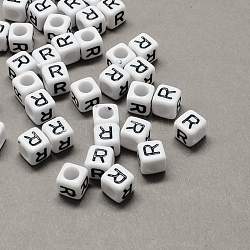 Große loch acryl brief europäischen perlen, horizontales Loch, weiß und schwarz, Würfel mit Buchstaben, Buchstabe r, 8x8x8 mm, Bohrung: 4 mm, ca. 1144 Stk. / 500 g