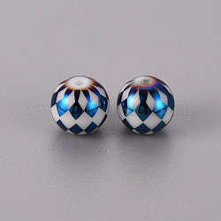 Perles en verre electroplate, ronde avec grille, bleu plaqué, 10mm, Trou: 1.2mm