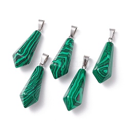 Synthetic Malachite Pointed Pendants, with Platinum Plated Brass Loops, Bullet, 35.3~38x13~14mm, Hole: 6.5x2.8mm