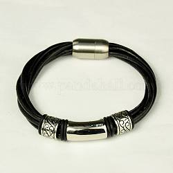 Lederband Kordel Armband & Armreif, mit Edelstahl-Zubehör und Magnetschließen, Schwarz, 205x9 mm