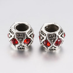 Perle europee di strass in lega di stile tibetano, perline con foro grande, barile, argento antico, rosso, 10x8mm, Foro: 5 mm