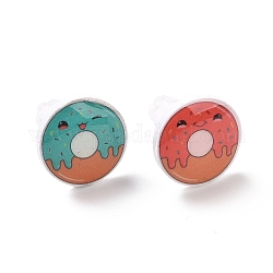 Colorful Acrylic Imitation Food Stud Earrings with Platic Pins, Asymmetrical Earrings for Women, Donut, 12mm, Pin: 1mm