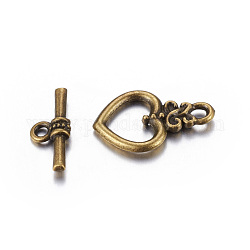 Tibetan Style Toggle Clasps, Lead Free, Cadmium Free and Nickel Free, Heart, Antique Bronze Color, Heart: about 21mm long, 13mm wide, hole: 2mm, Bar: 16.5mm long, hole: 1.5mm