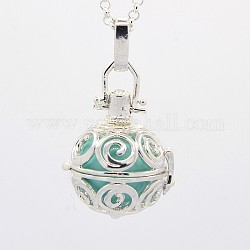 Silver Tone Brass Cage Pendants, Chime Ball Pendants, Round, with Brass Spray Painted Bell Beads, Turquoise, 27x24x21mm, Hole: 3x5mm