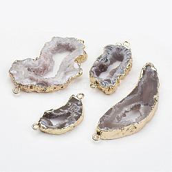 Natural Geode Agate Links connectors, with Brass Findings, Nuggets, Golden, 26~54x14.5~30x4~5.5mm, Hole: 2mm