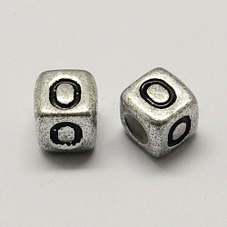 Antique Silver Plated Large Hole Acrylic Letter European Beads, Horizontal Hole, Cube with Letter.O, 6x6x6mm, Hole: 4mm, about 2950pcs/500g