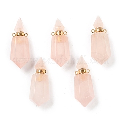 Faceted Natural Rose Quartz Pendants, Openable Perfume Bottle, with Golden Tone Brass Findings, 39~42x14~16x13~14mm, Hole: 2mm, capacity: 1ml(0.03 fl. oz)
