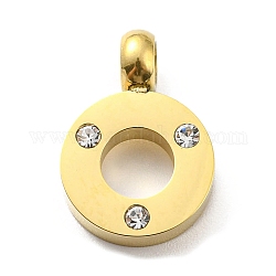Colgantes de 304 acero inoxidable, con diamante de imitación, dije de anillos redondos, real 14k chapado en oro, 18.5x13x3.5mm, agujero: 3.5 mm