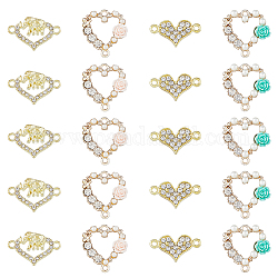 DICOSMETIC 32Pcs 4 Styles Alloy Crystal Rhinestone Connector Charms, Light Gold, with Resin, Heart Links, Golden, 12~20.5x19~21.5x2~5mm, Hole: 1.6mm, 8pcs/style