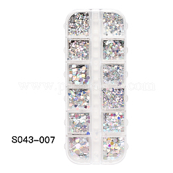 Lentejuelas de plástico / paillette, decoraciones de uñas, corazón y plano redondo y estrella y hexágono, plata, 13x5x1.2 cm