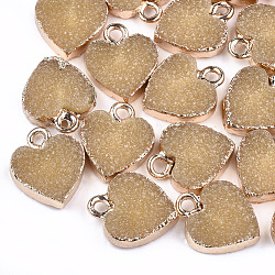 Pendenti di resina druzy placca, con accessori di ferro, cuore, oro chiaro, goldenrod, 15x12x3.5~4mm, Foro: 1 mm