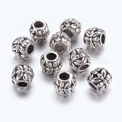 Tibetan Style Alloy European Beads, Large Hole Beads, Barrel with Flower, Antique Silver, Cadmium Free & Nickel Free & Lead Free, 9x9.5mm, Hole: 4.8mm