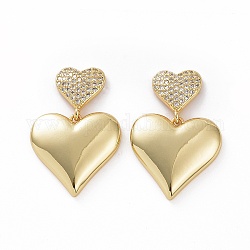 Aretes colgantes de corazón con circonita cúbica transparente, joyas de latón para mujer, dorado, 30mm, pin: 0.7 mm