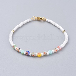 Bracelets en perles de verre millefiori, avec des rocailles en verre rondes, perles en laiton et fermoirs mousquetons en 304 acier inoxydable, colorées, 7-1/8 pouce (18 cm), 3mm