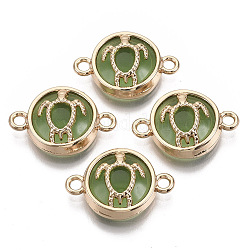 Connettori di collegamenti di vetro, con risultati in lega placcata oro chiaro, piatta e rotonda con tartaruga, verde lime, 13.5x19.5x5.5mm, Foro: 1.6 mm