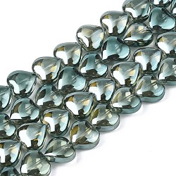 Electroplate Glass Beads Strands, Pearl Luster Plated, Heart, Olive Drab, 9~10x10x5.5mm, Hole: 0.8mm, about 70~71pcs/strand, 25.20 inch~ 26.38 inch(64~67cm)