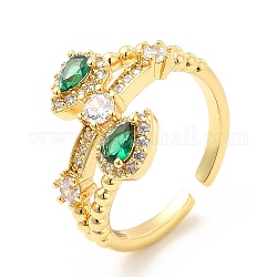 Green Cubic Zirconia Teardrop Open Cuff Ring, Rack Plating Brass Jewelry for Women, Cadmium Free & Lead Free, Golden, US Size 6(16.5mm)