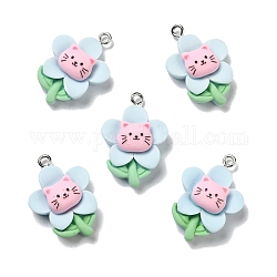 Opaque Resin Pendants, with Platinum Tone Iron Loops, Flower with Cat, Light Cyan, 26.5x19x8mm, Hole: 2mm