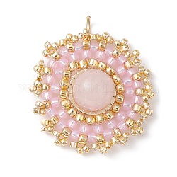 Pendentifs ronds plats en quartz rose naturel, breloques de perles de graines japonaises tissées à la main, 27.5~28x25~25.5x8.5mm, Trou: 3.5mm