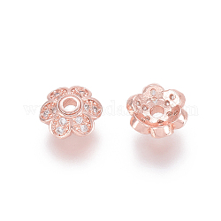 Capuchons de perles fantaisie en laiton micro pavé zircone cubique, 6 pétales, fleur, clair, or rose, 8x3mm, Trou: 1.7mm