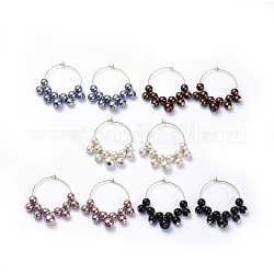 Wine Glass Charms, with Glass Pearl Beads and Brass Hoop Earrings, Golden, Mixed Color, 42.5~43x36~37.5x8mm, Pin: 0.6mm