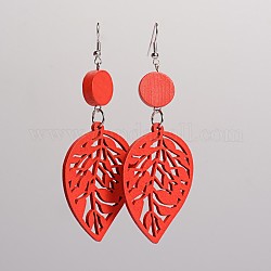 Trendy Leaf Wood Dangle Earrings, with Platinum Plated Iron Earring Hooks, Red, 90x34mm, Pin: 0.8mm