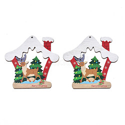 Weihnachtsthema einseitig bedruckte große Holzanhänger, Haus mit Rentier/Hirsch, Farbig, 109x105x2.5 mm, Bohrung: 3 mm