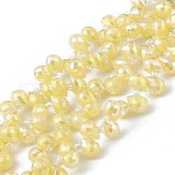 Chapelets de perles en verre imitation jade, facette, larme percée en haut, de couleur plaquée ab , jaune, 10x7.5~8mm, Trou: 0.8~1mm, Environ 95~100 pcs/chapelet, 23.23~26.77 (59~68 cm)