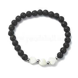 Bracelets de perles rondes en pierre de lave naturelle, avec coquille, pour femme, cœur, 1/8~3/8 pouce (0.4~0.8 cm), diamètre intérieur: 2 pouce (5 cm)
