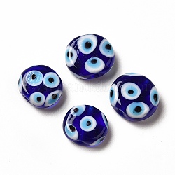 Hechos a mano de los abalorios del lampwork del ojo malvado, oval, azul, 13~15x15~17x6~7mm, agujero: 1.8 mm