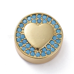 Messing Mikro ebnen Zirkonia Perlen, flach rund mit Herz, Himmelblau, golden, 12x5 mm, Bohrung: 2 mm