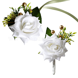 Craspire 2pcs 2 style tissu fleur boutonnière broche, avec des corsages de poignet imitation rose en tissu de soie, pour la fête de mariage, blanc, 102~764x10~85mm, 1pc / style