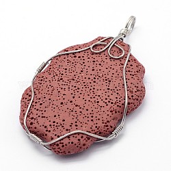 Pépites de pierre de lave synthétique, avec les accessoires en laiton plaqués de platine, teinte, rouge indien, 68x42x8.5mm, Trou: 5.5mm