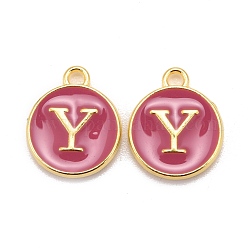 Golden Plated Alloy Enamel Charms, Cadmium Free & Lead Free, Enamelled Sequins, Flat Round with Letter, Camellia, Letter.Y, 14x12x2mm, Hole: 1.5mm