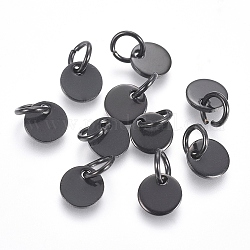 304 charms in acciaio inox, timbratura tag vuoto, con anelli di salto, rotondo e piatto, elettroforesi nera, 6x0.7mm, Foro: 3.5 mm