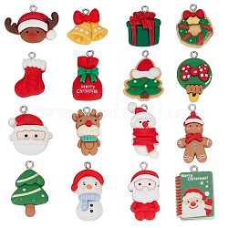 SUNNYCLUE 32Pcs 16 Styles Opaque Resin Pendants, Christmas Charms, with Platinum Tone Iron Loops, Gingerbread Man & Santa Claus & Snowman, Mixed Shapes, Mixed Color, 21~34x15~21.5x5~8mm, Hole: 2~2.7mm, 2pcs/style