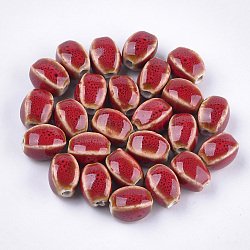 Manuell Porzellan Perlen, Phantasie antiken glasiertem Porzellan, Oval, rot, 12~14x9~10.5x9~11 mm, Bohrung: 2.5 mm