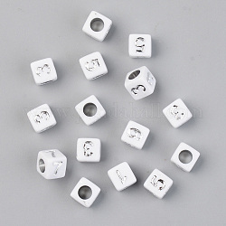 Placage sous vide perles acryliques, opaque, cube avec nombre, blanc, Plaqué Argent, 6x6x6mm, Trou: 3.5mm, 2900 pcs / 500 g