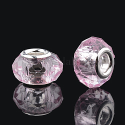 Perles européennes en acrylique, Perles avec un grand trou   , avec noyaux en laiton plaqué couleur argent, facette, rondelle, perle rose, 13~14x9~10mm, Trou: 4.5mm