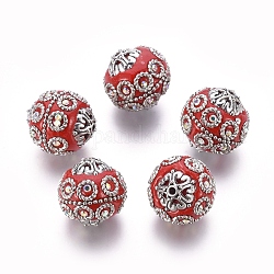 Perline  indonesia fatto a mano, con accessori metallico, placcato argento antico, tondo, rosso, 20~21x19~20mm, Foro: 1.5 mm
