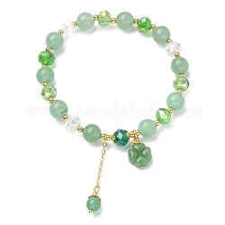 Bracelet extensible en aventurine verte naturelle et perles de verre, bracelet à breloques trèfle et pompon en laiton pour femme, diamètre intérieur: 2-1/4 pouce (5.75 cm)
