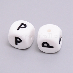 Perlas de silicona, cubo con letter.p, blanco, 12x12x12mm, agujero: 2 mm