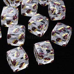 Perles acryliques transparents imprimés, carré avec motif de gâteau, brun coco, 16x16x16mm, Trou: 3mm