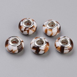Perles européennes en alliage, Perles avec un grand trou   , avec double noyaux et coque en laiton plaqué platine, rondelle, selle marron, 13.5x8mm, Trou: 5mm
