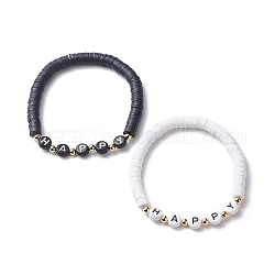 Set di braccialetti elasticizzati heishi in argilla polimerica fatti a mano, braccialetti di perline felici di plastica per le donne, bianco & nero, diametro interno: 1-7/8 pollice (4.7 cm), 2 pc / set