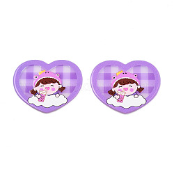 Cabochons acryliques transparents imprimés, coeur avec une fille, support violet, 33x39x2mm