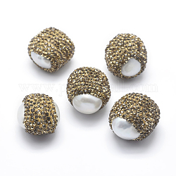 Perle des perles d'eau douce naturelles, avec strass en pâte polymère, ronde, blanc, 16~22x19mm, Trou: 0.8mm